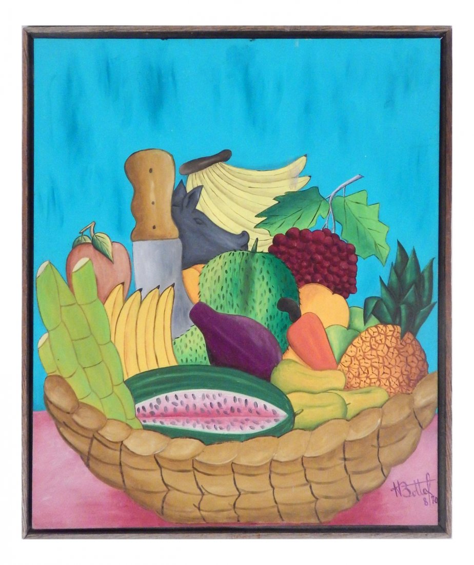 1970's Haitian Still Life: Acrylic on masonite featuring a basket of fruit and machete. Signed and dated "70" bottom right. [Sight: 24" H x 20" W; Frame: 25" H x 21 W]. In overall good condition.
