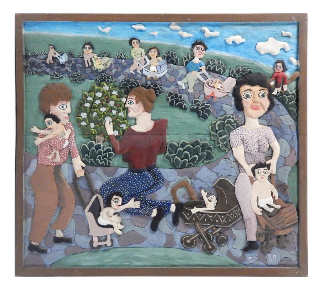 Mary Shelley, Mothers in the Park, 1980: Wood relief depicting a procession of mothers pushing their babies in strollers along a park path. Initialed and dated bottom right. Inscribed verso. [19 3/4" x 22"].