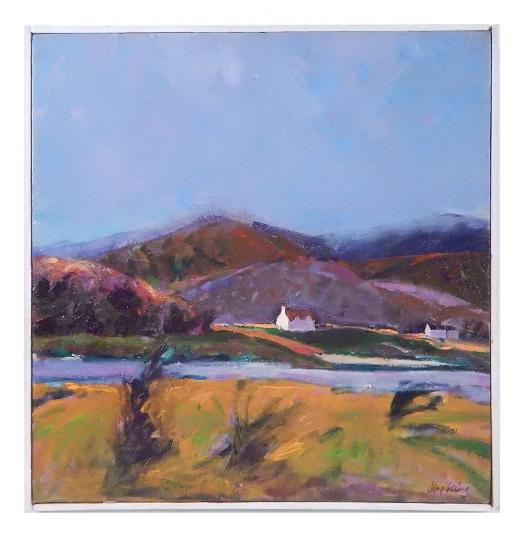 Joan Hopkins, "By the Highland River": 1988 oil on canvas. Part of a small house series. Features two small houses on the far bank of a river. Signed bottom right. Inscribed verso. [Sight: 16" H x 16" W; Frame: 16 1/2" H x 16 1/2" W]. In o