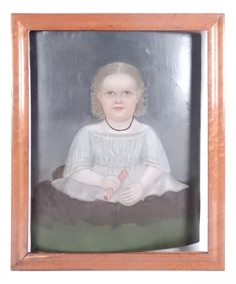 19th/20th C. Portrait of Young Girl: Oil on canvas laid on wood board. Features blonde girl with black bead necklace and holds striped candy. [Sight: 23 1/2" H x 19" W; Frame: 27 1/2" H x 22 3/4" W]. Abrasions, board slightly warped.