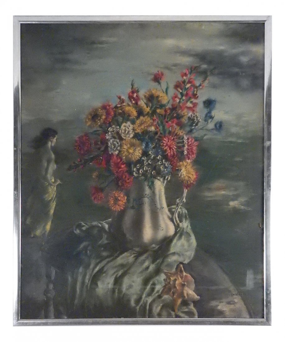 Coldwell, Flowers in Vase with Figure: Oil on canvas featuring a still life of flowers in a vase, seashell, and linen on table in foreground of figural landscape. Signed bottom right. [Sight: 29 1/2" H x 24 1/2" W; Frame: 31" H x 26" W]. I
