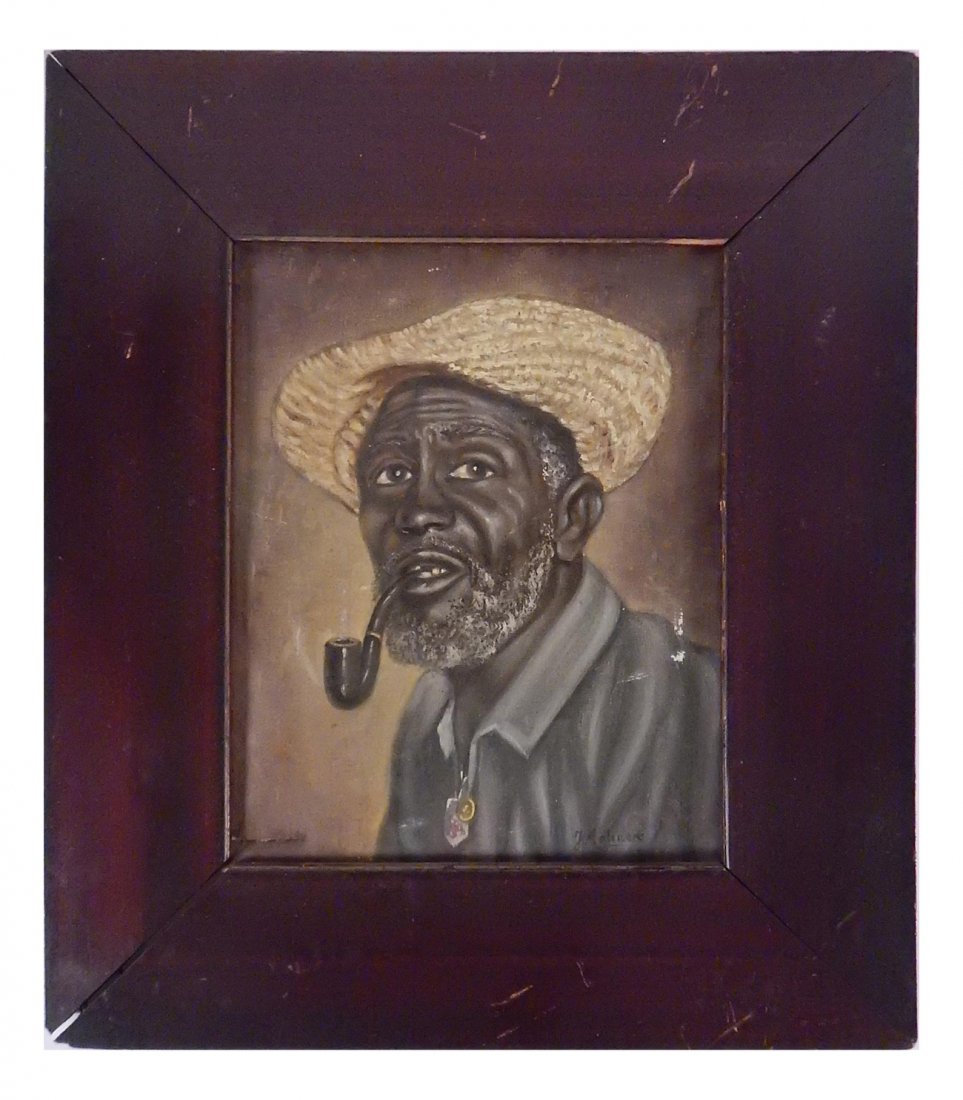 Molinero, Man with Pipe - Oil on Canvas: Featuring a man in a hat smoking a pipe. Signed bottom right. [Sight: 9 1/2" H x 7 3/4" W; Frame: 15 3/4" H x 13 3/4" W]. Abrasions, puncture bottom left.