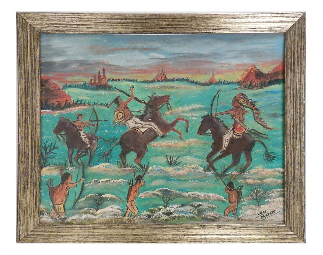 Don Matatt, Native American Battle Scene: Oil on canvas board features Native Americans, some on horseback, in a skirmish. Signed bottom right. [Sight: 15 3/4" H x 19 1/2" W; Frame: 18 1/2" H x 22 1/2" W]. Foxing upper right. Light surface gr