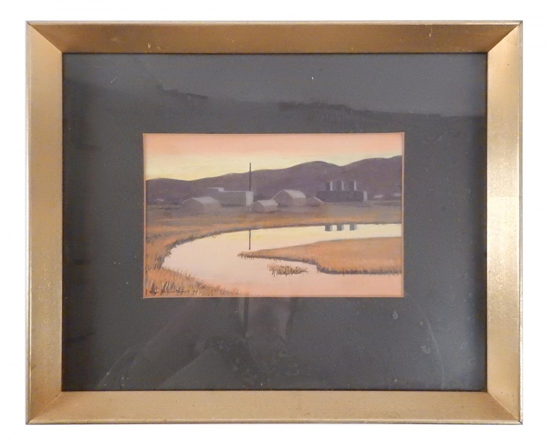 Rose Gayner Barrett, Sunset - Gouache: Featuring a sunset on a compound of houses and buildings with a small stream in the foreground. Signed bottom left. Framed under glass. [Sight: 6" H x 9 1/2" W; Frame: 13 3/4" H x 16 3/4" W]. In overa