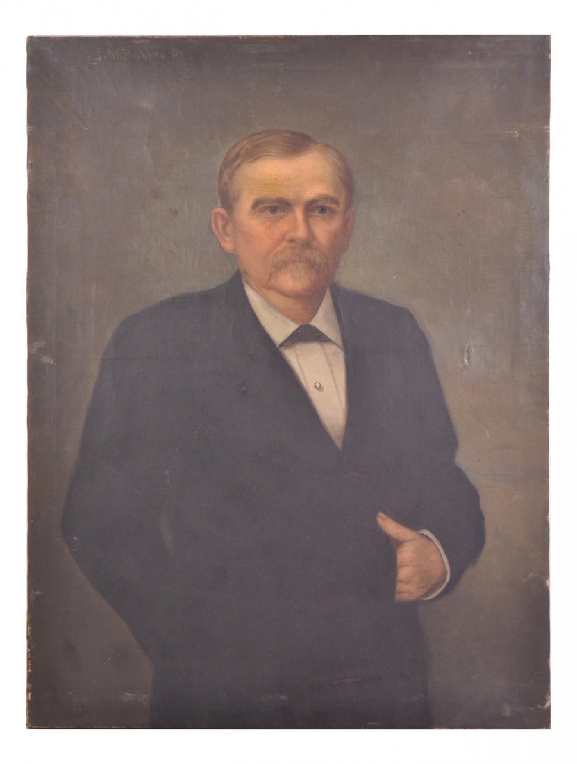 Portrait of Sen. George Graham Vest: Oil on canvas waist-length portrait of U.S. Senator George Graham Vest. Inscribed verso. Signed top left. Unframed. [Art: 37 1/2" H x 28 1/2" W]. Previously repaired, scuffs and abrasions. Surface gri
