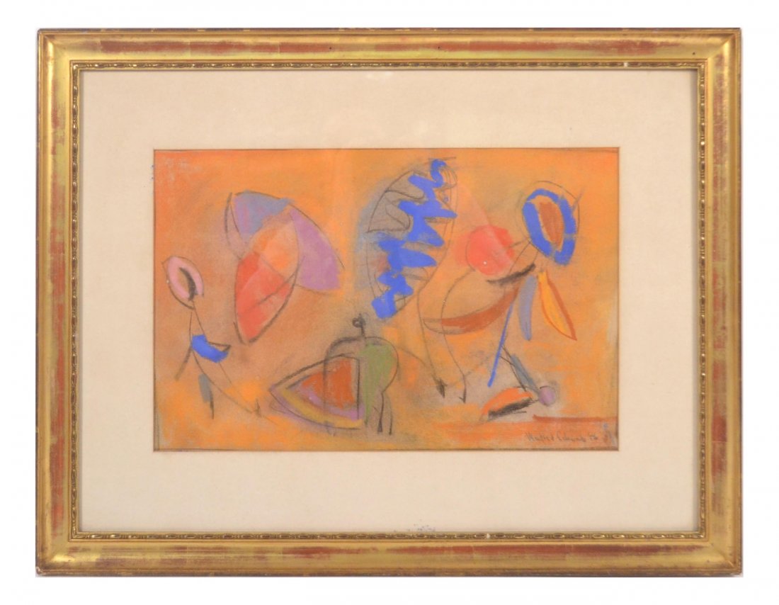 M. Schwartz, Gouache - Abstract: Mandred Schwartz (American/German, 1909-1970), gouache depicting abstract figures. Framed and matted under glass. Signed and dated lower right "Manfred Schwartz, '56" [Art: 10" x 16"]. Good condition.