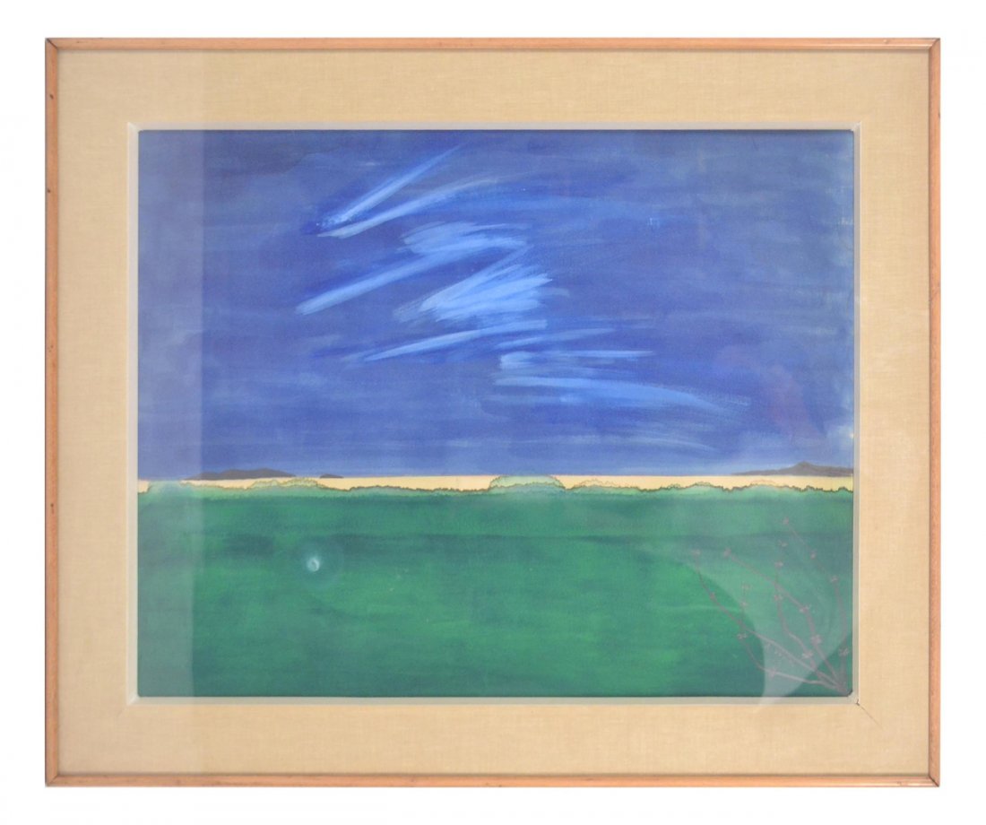 A. Verdet, Gouache - Abstract: Andre Verdet (French, b. 1913), gouache on paper, abstract landscape in blue and green. Framed and matted under glass. Signed and dated lower right, "A. Verdet, 58" [Sight: 19 1/2" x 24 1/2"]. Good co
