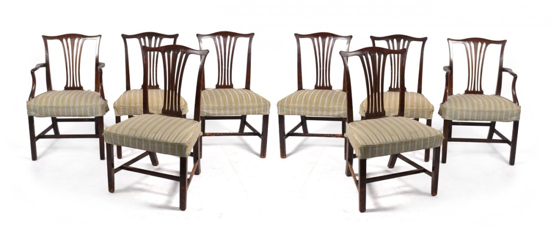 Set of 8 Hepplewhite Style Dining Chairs: Two armchairs, six side chairs. Set of 8 Hepplewhite style dining chairs. [24" D x 20" W (inside arms); Back 36" H; Seat 18 1/2" H]. All chairs worn. Upholstery worn.