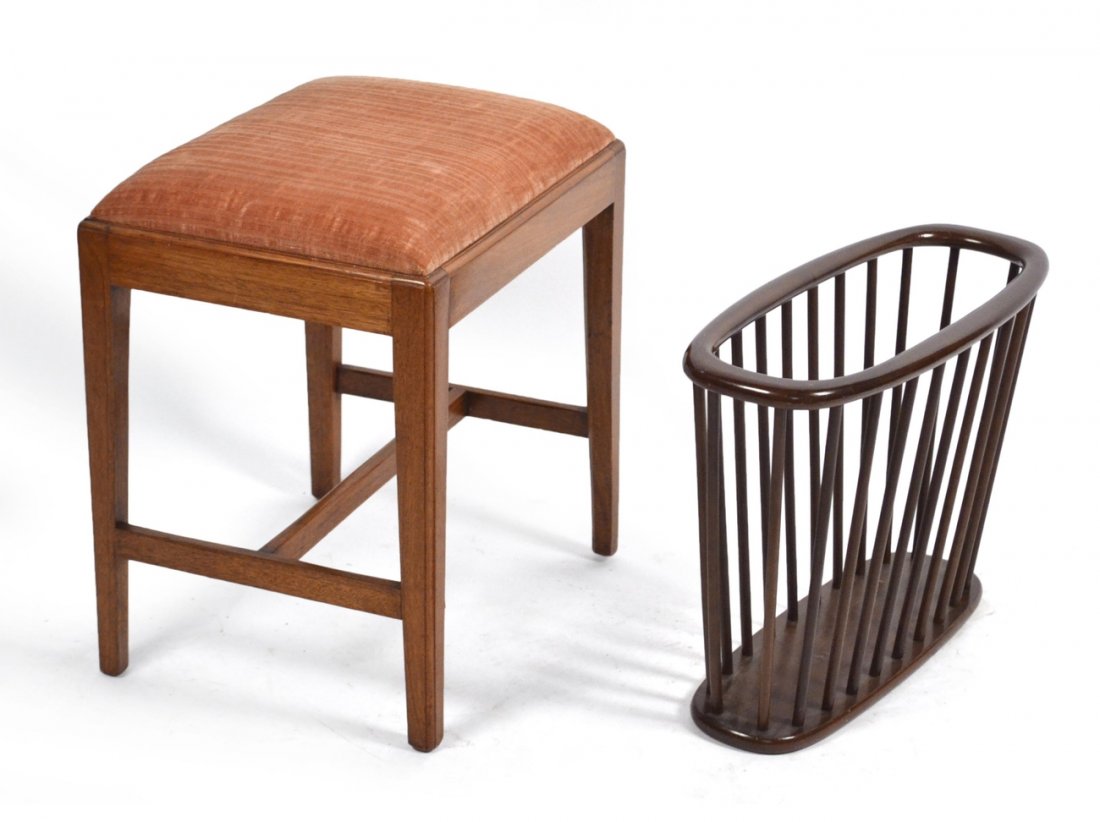 Mahogany Bench and Magazine Rack: Coral slip seat on bench and vertical spindle-form magazine rack.
