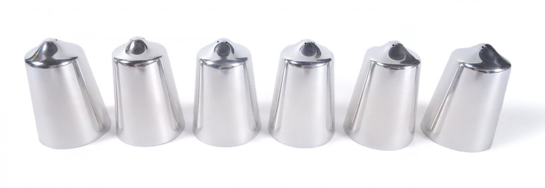 Six Sterling Hans Hansen Shakers: Danish mid-century modern salt and pepper shakers. Each marked on side near base "925 SH.H" and on bottom "Anno 1953/Hans Hansen/Sterling/Denmark/390". [Each: 1 1/2" Dia x 2 1/4" H]. Total weight 8.50