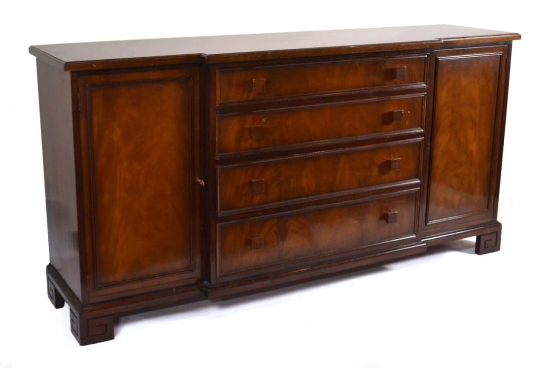 Asian-Style Mahogany Sideboard: Possibly Schmieg & Kotzian, having four drawers and two doors with a bracket-form base. [72" L x 18 1/2" D x 36" H]. In good condition.
