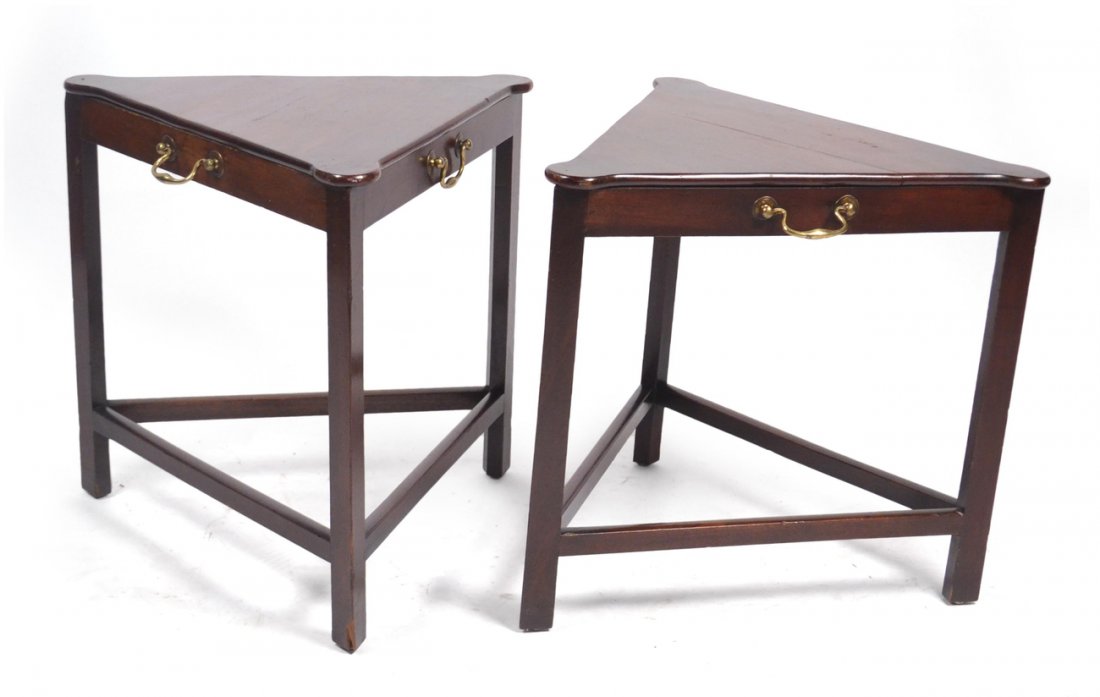 Pair of English Triangular Tables: Each with brass bale. [17 1/2" Dia. x 19" H]. One top off, otherwise in good condition.