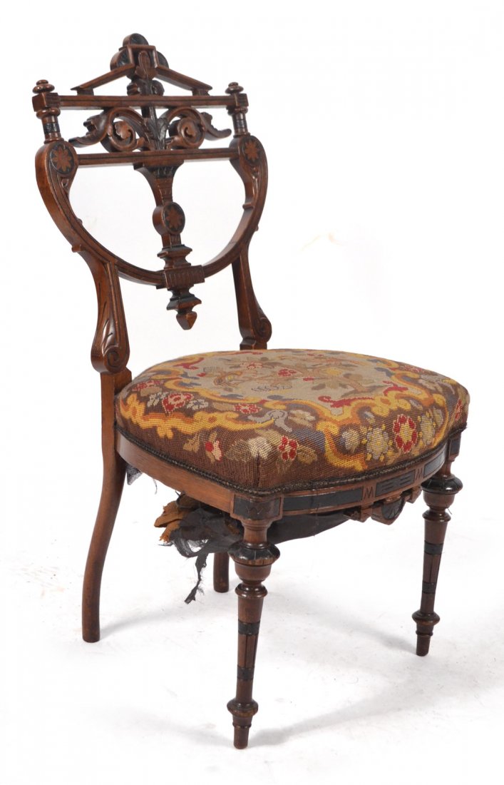 Victorian Needlepoint Side Chair: Victorian needlepoint side chair. [18 3/4" W x 33" H (back); 17 3/4" (to seat)]. Bottom of seat "as is".