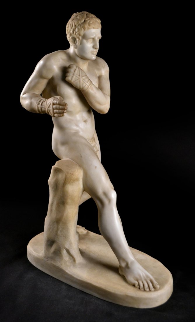 Sculpture, "The Pugilist Demoxenos": Grand tour marble. 19th century carrara marble copy of the Ancient Roman Boxer now in the Vatican Museum. Unsigned. Likely done after the popular version by Antonio Canova. [16 3/4" W x 7 7/8" D x 25"