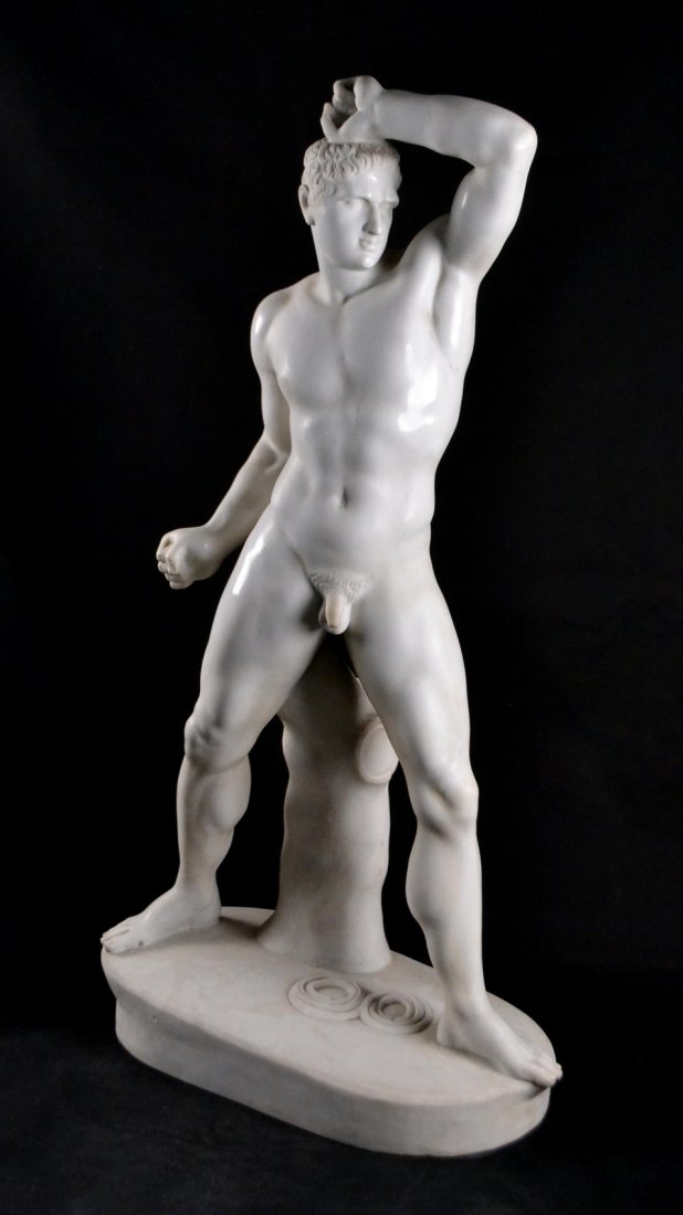 Grand Tour Marble "The Pugilist Creugas": 19th Century white marble copy of the ancient Roman boxer now in the Vatican Museum. Unsigned. Likely done after the popular version by Antonio Canova. [15 3/4" W x 7 3/4" D x 30 1/2" H].