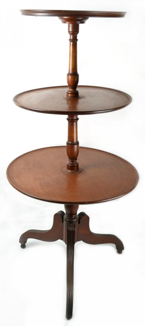 Sheraton-Style Dumbwaiter: Antique three-tier mahogany dumbwaiter. [23" Dia x 48" H (largest measured)]. Good condition as with age.