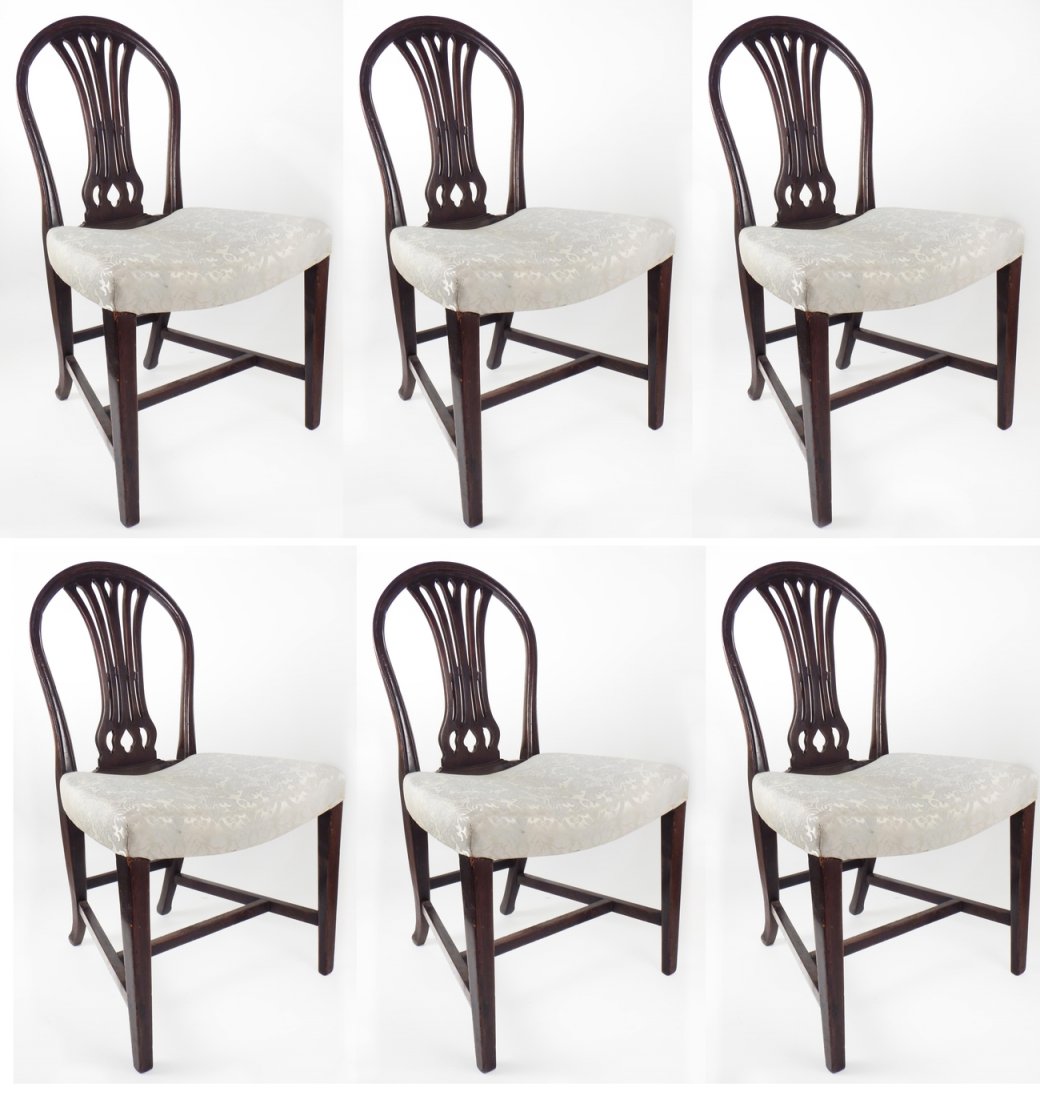 Set of Six Sheraton-Style Chairs: Set of six English Sheraton-style (19/20th Century) mahogany fan back side chairs with blue upholstered saddle seat. [21" W x 20" D x 36 1/2" H].