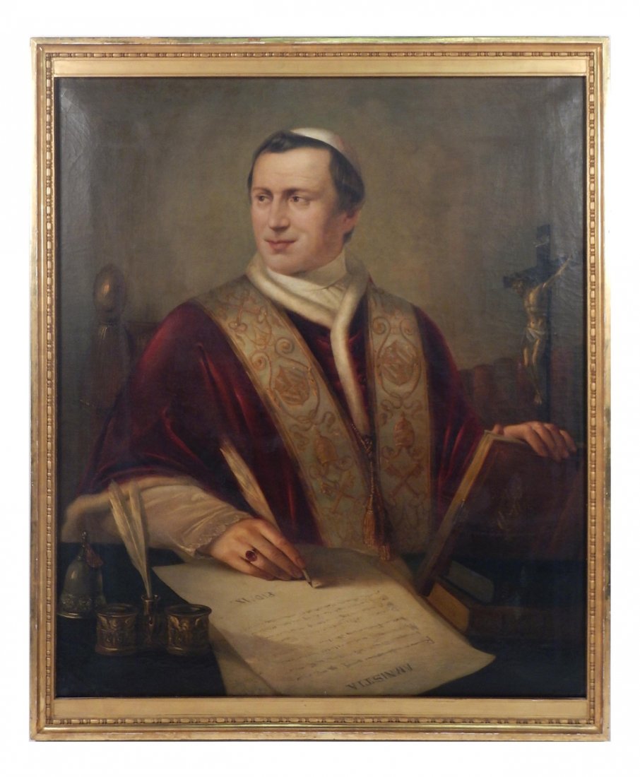 Pope Pius IX, Oil on Canvas: Framed portrait of Pope Pius IX signing a document. [43" H x 37" W]. In overall good condition.