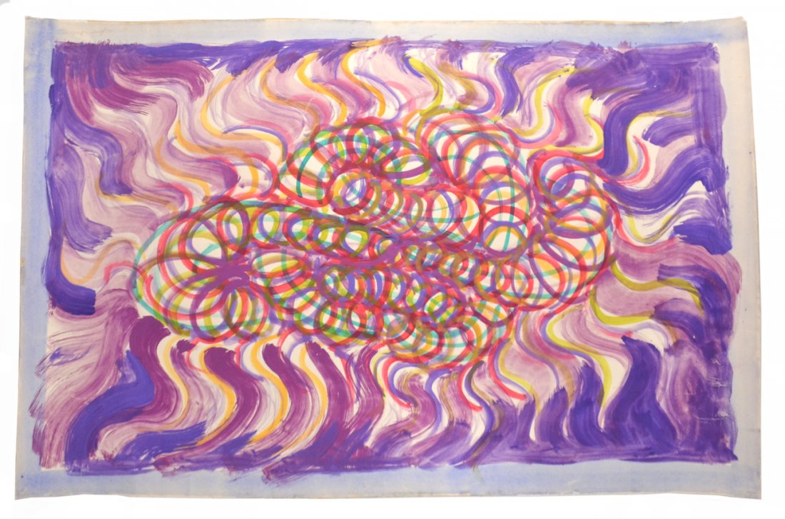 After Sonia Delaunay, Abstract: Watercolor on paper featuring a vibrant composition. Signed bottom right "Sonia Delaunay" in pencil. [Image: 24" x 37" on sheet 26" x 40"]. Bears margin defects including short tears, pin holes, and r
