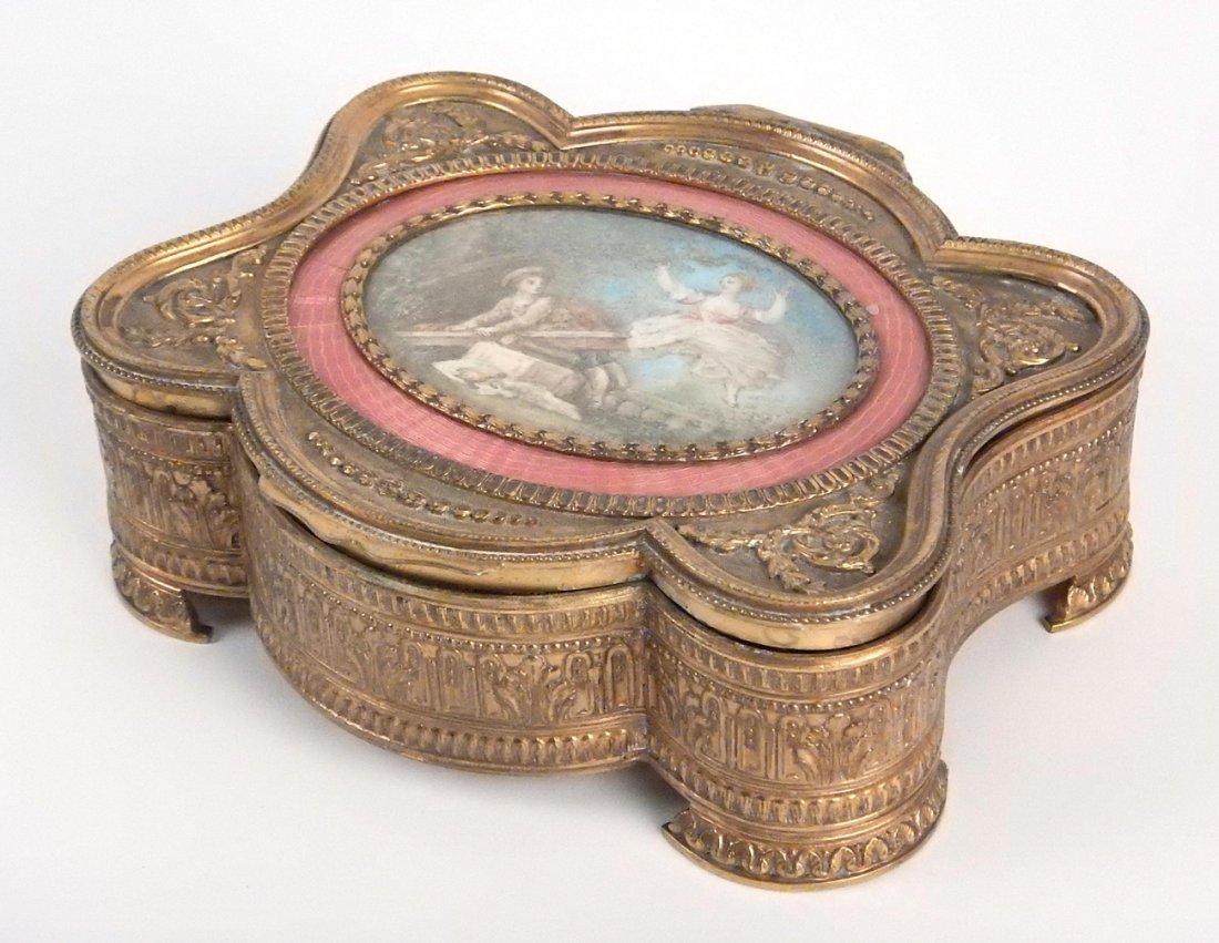 French Bronze Portrait Box: Incised and enamel box with a scenic portrait of lovers. [6" W x 5 1/2" D x 2" H]. Good condition.