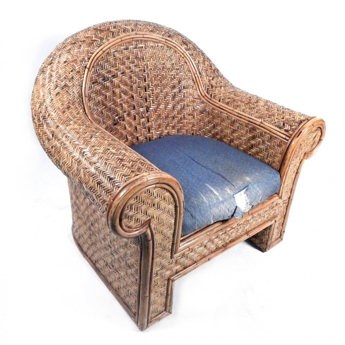 Contemporary Rattan Club Chair: Oversized contemporary club chair. [44 1/2" W (21" inside arms) x 38 1/2" H (back); 13 1/2" H to seat].
