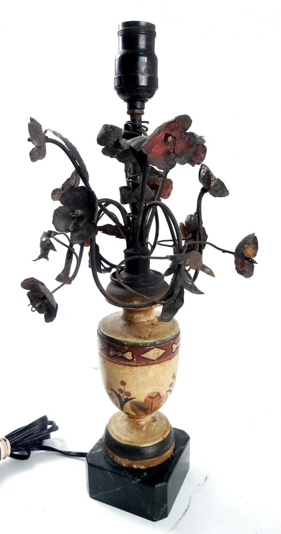 Tole and Turned Wood Table Lamp: Painted turned wood vase-form shaft on marble base with 12 tole flowers extending out. [8 1/2" x 8 1/2" x 17 1/2"]. Oxidation to tole, nicks to paint.