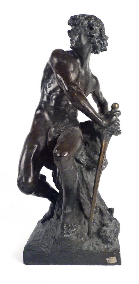 Henri Honore Ple, Seated Warrior, Bronze: Full-length nude seated youth holding sword and shield, signed on base at side "Henri Ple" and stamped on base at back "2d". [8 1/8" W x 7 1/4" D x 19 3/4" H]. Bears a mottled brown and green patina.