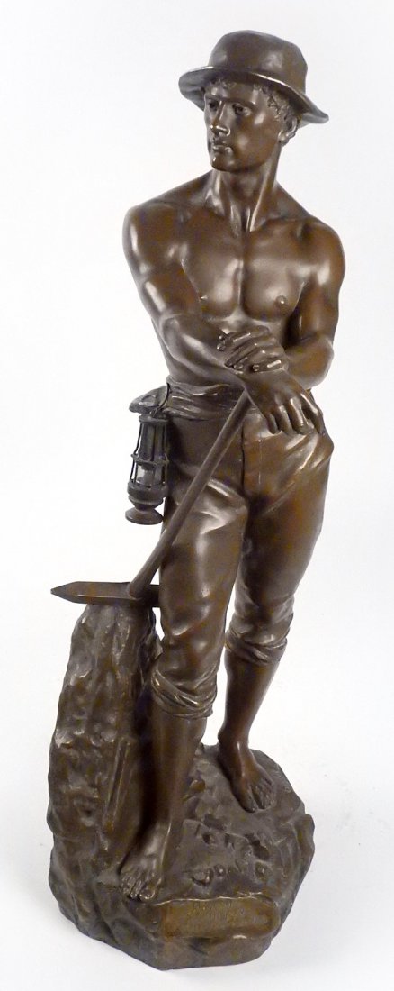 "Charles Levy", Bronze - Worker: Bronze sculpture of a miner with a hammer and lantern. Inscribed "Mineur Par Ch Levy - Salon de Beaux Arts". [22 1/2" H].