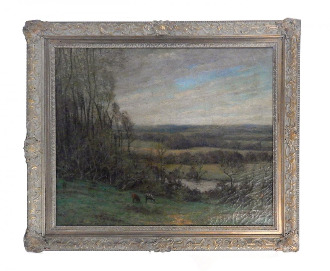 P.C. Dougherty, Oil on Canvas Landscape: Framed 19th century Paris landscape with cows in the foreground. Signed lower right. [Art: 25" x 30"; Frame: 31" x 37"]. Paint loss, patched repairs.