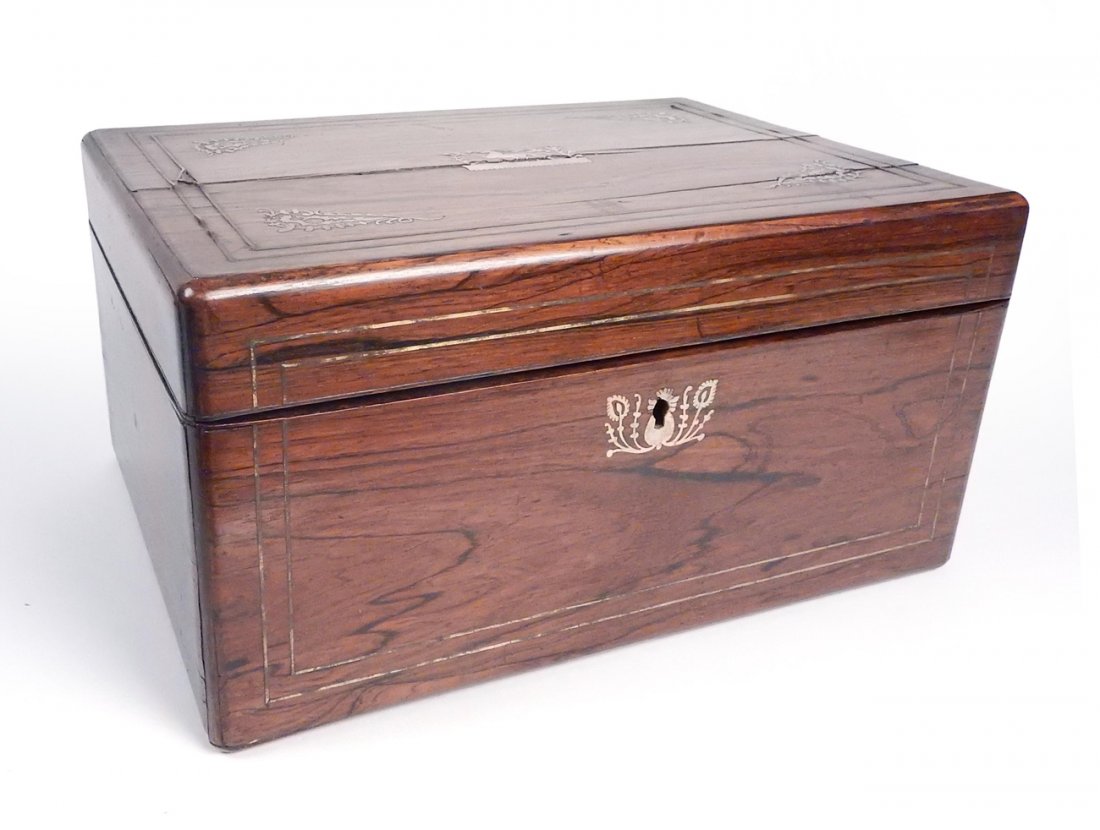Exotic Wood Box: Exotic wood box with inlaid mother-of-pearl horse motif on lid with brass string inlay. Having a hidden drawer. [12 1/2" W x 9 1/4" D x 6 3/8" H]. Splits in wood on lid, no key.