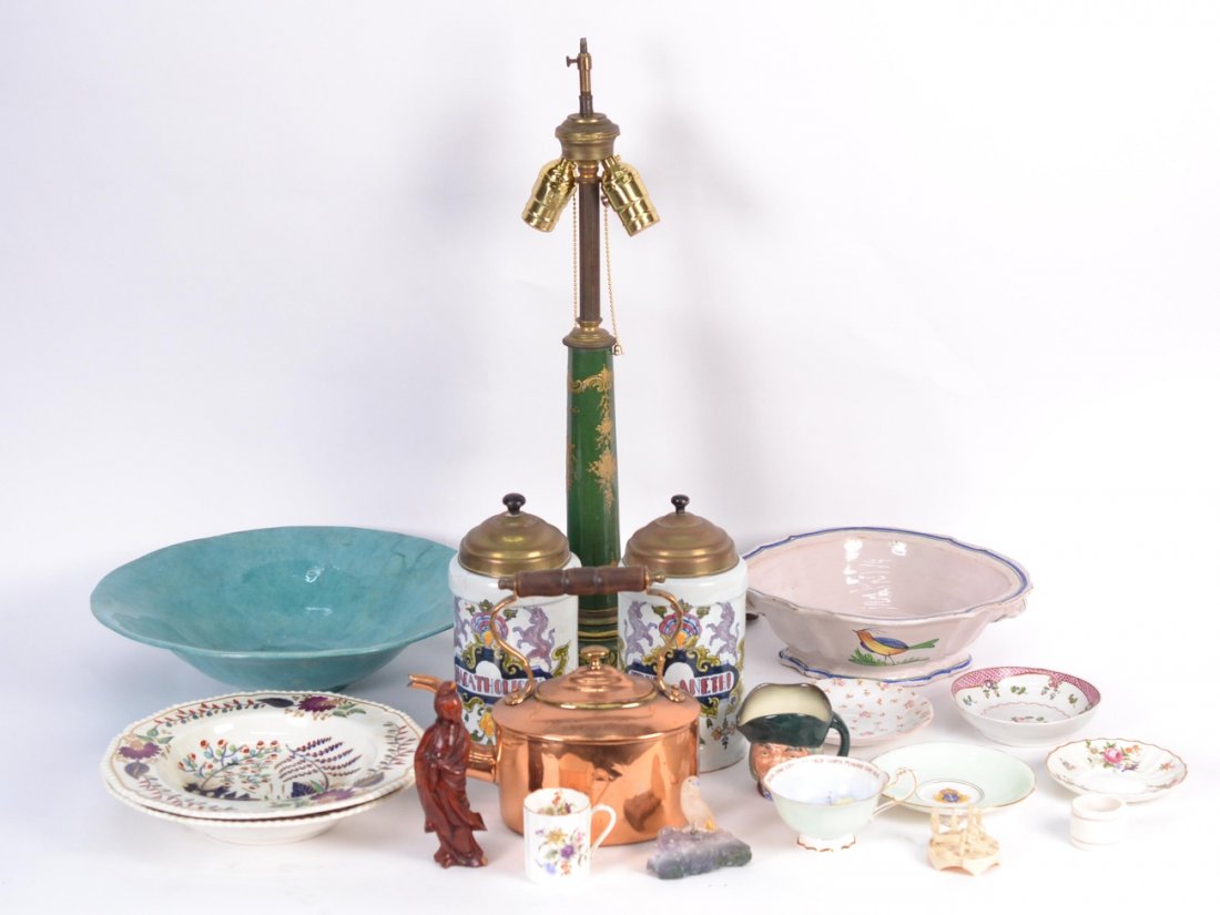 Pair Royal Derby Bowls & Assorted Items: Comprises: Two polychrome 19th century Royal Derby bowls, green and gilt porcelain lamps, Italian terracotta glazed bowl, two Delft canisters, copper teapot, Royal Doulton Toby Mug, miscellaneous cups