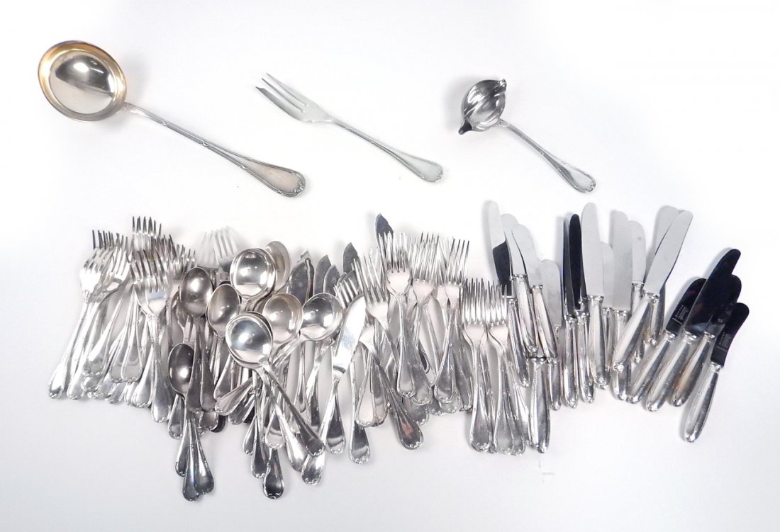 98 Pc. Christofle Rubans S/P Flatware: Comprised of: 98 pieces of Christofle Rubans pattern flatware. 12 dinner forks, 24 luncheon forks, 8 dessert forks, 12 soup spoons, 9 teaspoons, 12 spreaders, 10 butter knives, 8 dinner knives, 1 ladl
