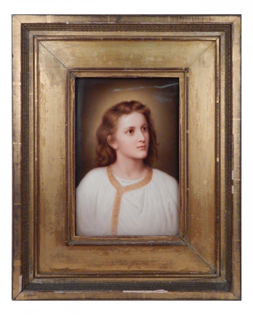 KPM Porcelain Plaque - Young Christ: Painted porcelain featuring the youthful Christ in white garb. After Hofmann painting, signed "Wagner" bottom right, stamped KPM and numbered on verso. [Plaque: 9" x 6"; Frame: 15 3/4" x 12 3/4"].