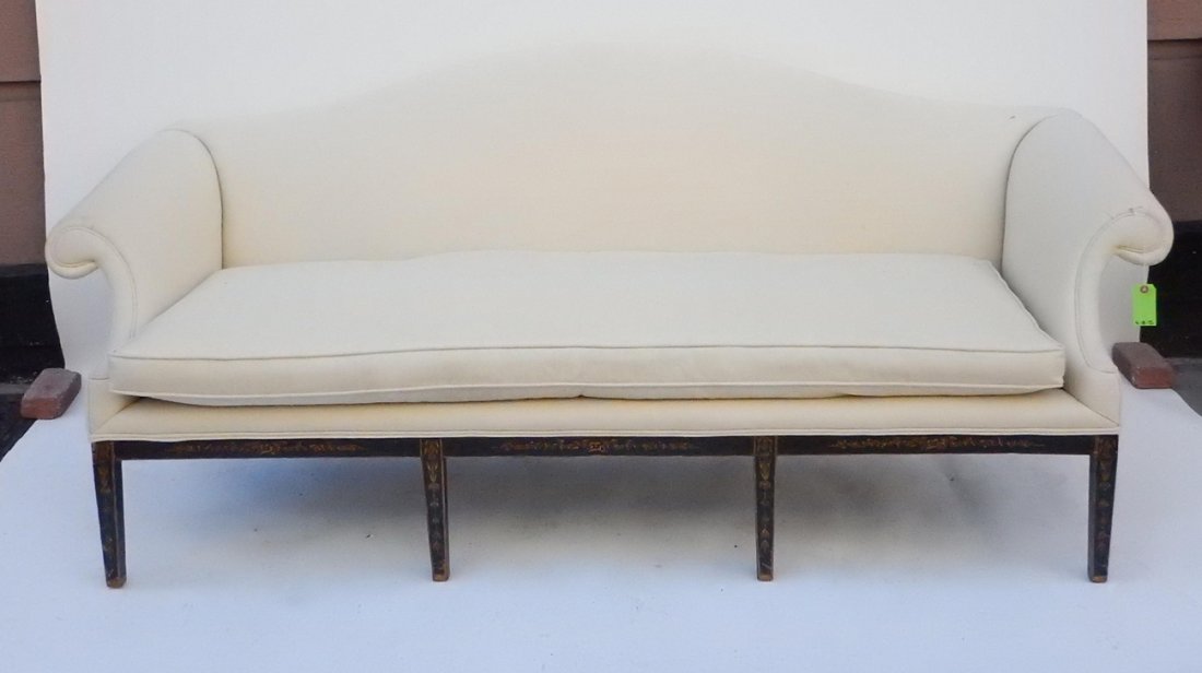Sheraton-Style Upholstered Sofa: With painted wood base and legs. [85" W x 36" D x 37" H]. Wear to upholstery and scuffs on base.