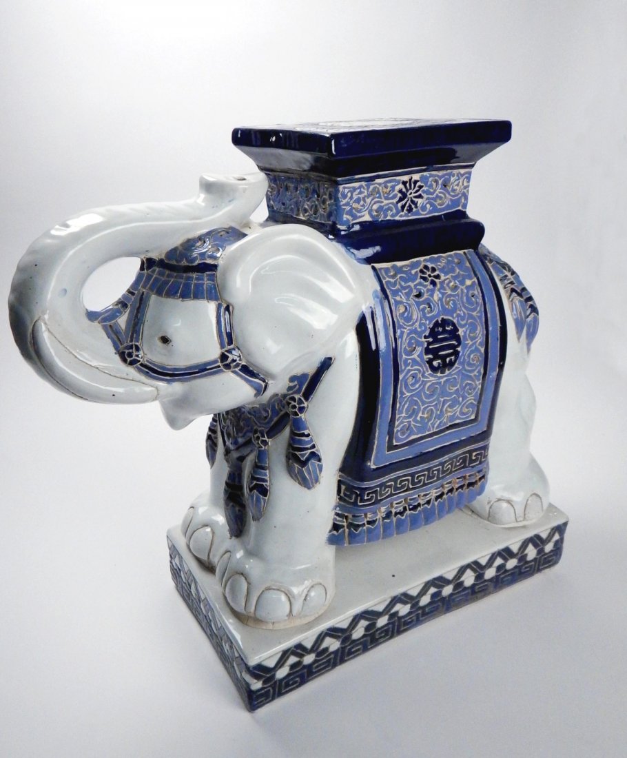 Elephant Garden Seat: Ceramic garden seat with Asian bat motif on seat. [21" W x 9" D x 20 1/2" H]. Wear from use, overall good condition.