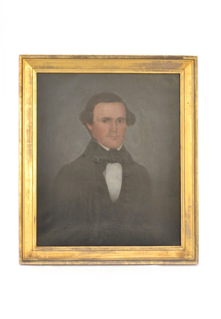 Attr. A. Phillips, Portrait of Gentleman: Attributed Ammi Phillips, oil on canvas depicting a gentleman in a waist-length 3/4 profile pose. [Art: 24 5/8" W x 29 1/4" H; Frame: 30 1/8" W x 35" H]. Relined and restored. Craquelure and few small