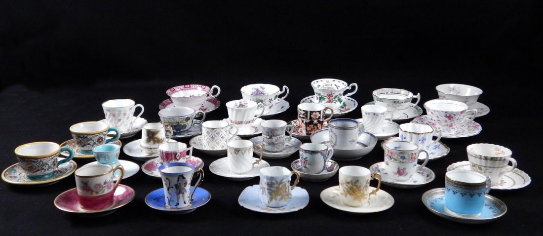 Collection of Porcelain Cups and Saucers: 58 total pieces. Includes Dresden, Spode, Royal Doulton, Royal Crown Derby, Sevres, and other. Condition varies. Most in overall good condition.