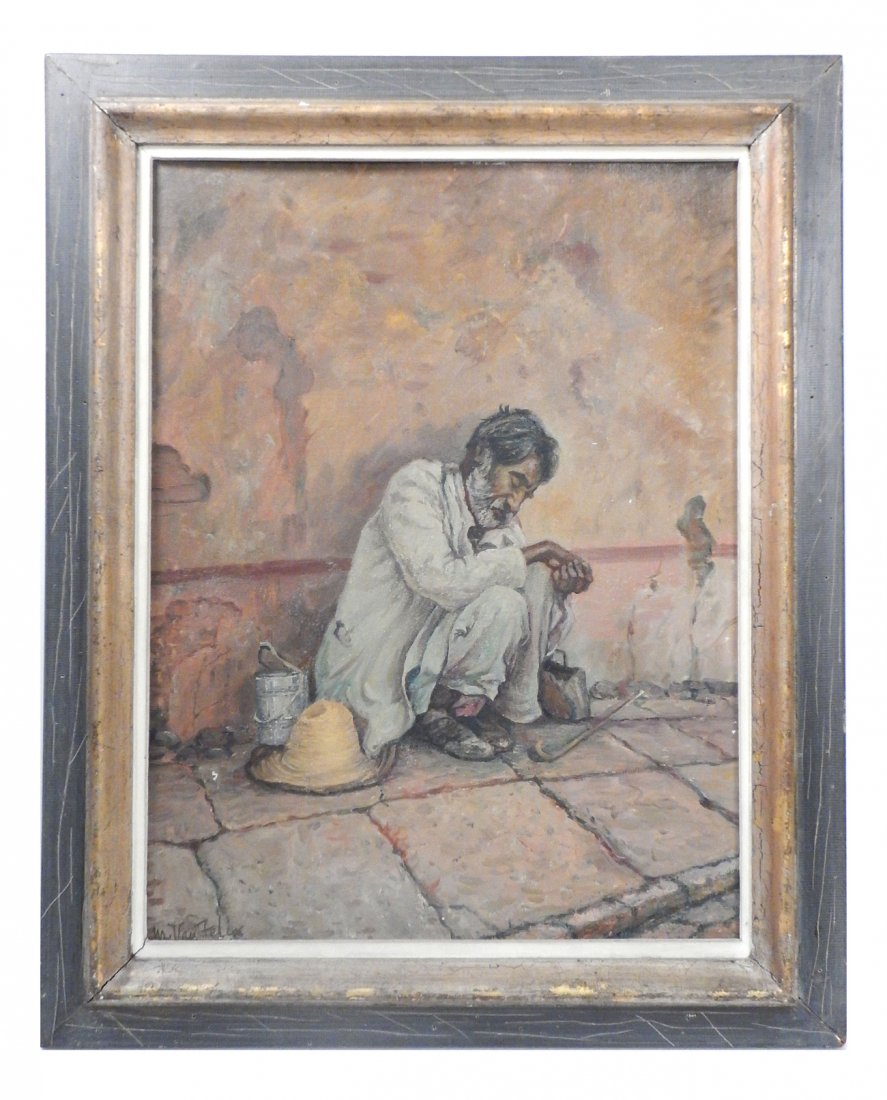 M. Van Felix, Mexican Beggar: Oil on canvas board featuring a resting beggar seated. Signed bottom left. [Art (sight): 22 1/2" x 17 1/2"; Frame: 29" x 23"]. Canvas board slightly warped inward. Minor imperfections.