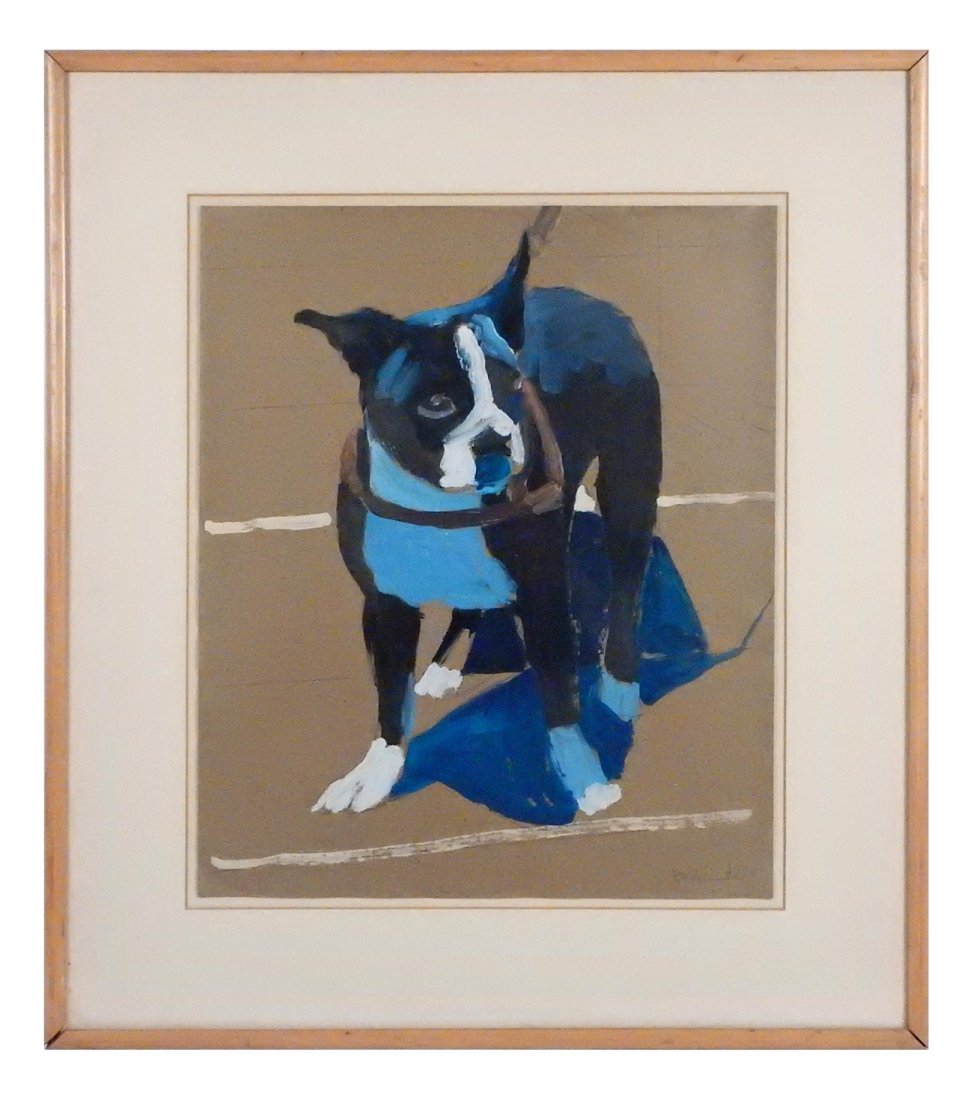 D. M. Smith, "Boston Terrier": Oil on paper featuring a portrait of a Boston Terrier. Initialed and dated in pencil at bottom right. Inscribed on verso. Framed under glass. [Art (sight): 17" x 14"; Frame: 24" x 21 1/4"]. Overall go