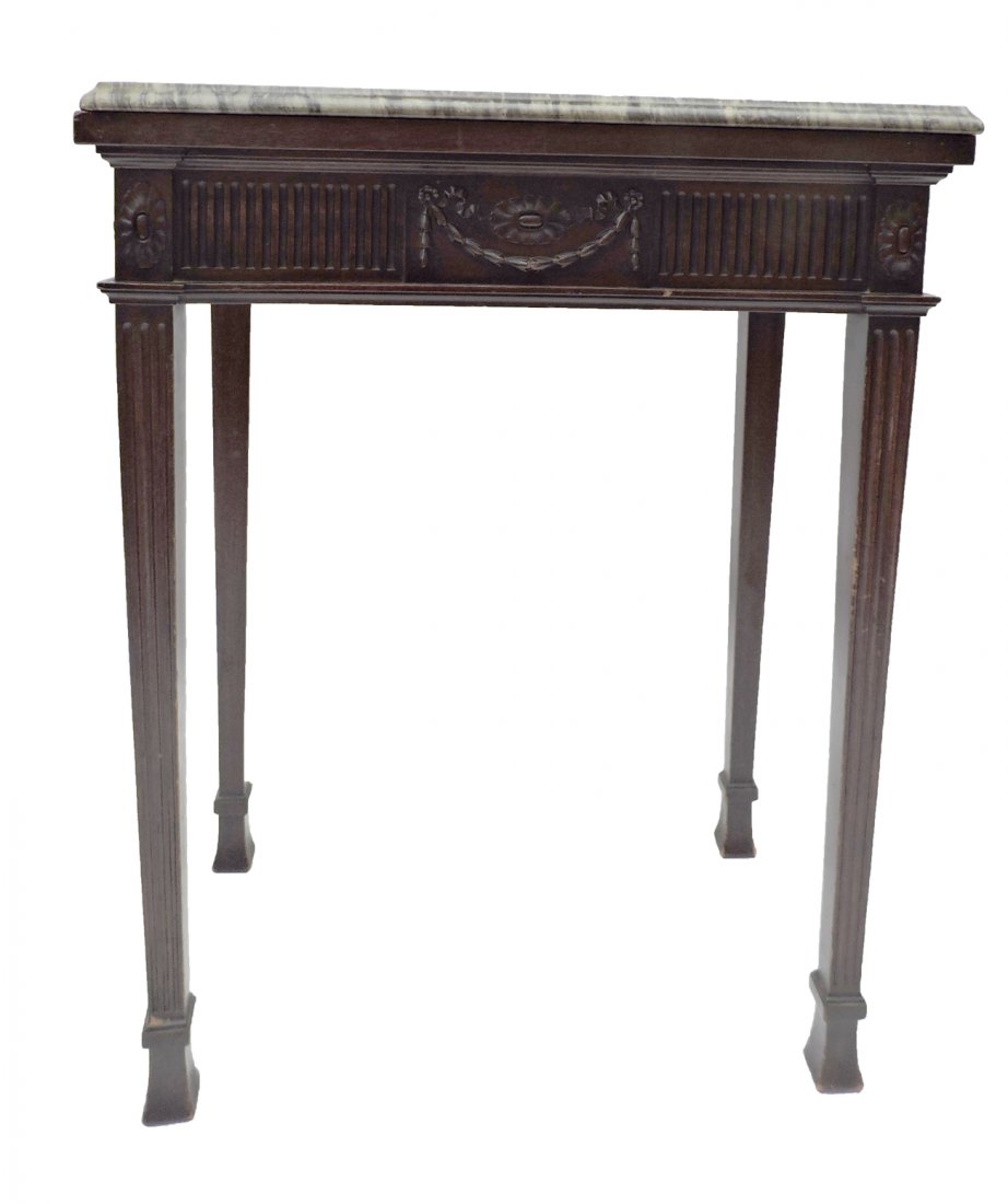 Marble Top Sheraton-Style Table: Rectangular top with fluted, tapered legs. [25 1/4" W x 15 1/4" D x 30" H]. Nicks, scratches, losses, repairs where legs connect to top.