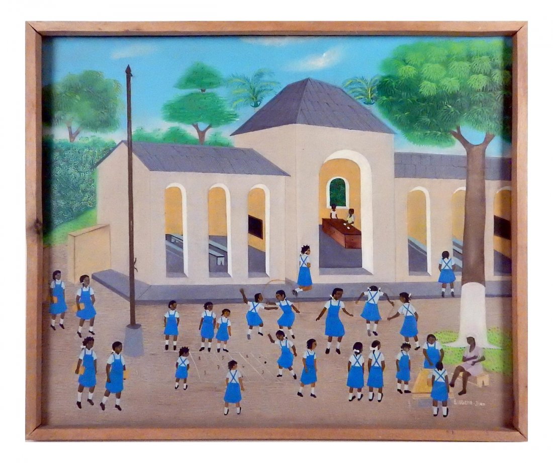 Ellgene-Jean, Haitian School Yard: Oil on masonite featuring children playing in a school courtyard. Signed bottom right. [Art (sight): 19 1/2" x 23 1/2"; Frame: 20 1/2" x 24 1/2"]. Surface grime, minor abrasions.