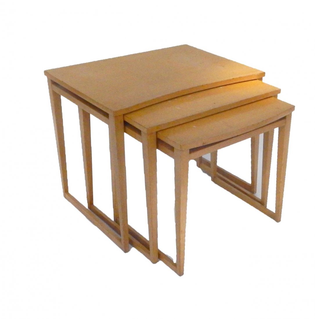 Three-Piece Mahogany Nesting Tables: Three-piece modern nesting tables. [26" W x 18" D x 22" (largest)]. Scuffs, abrasions.