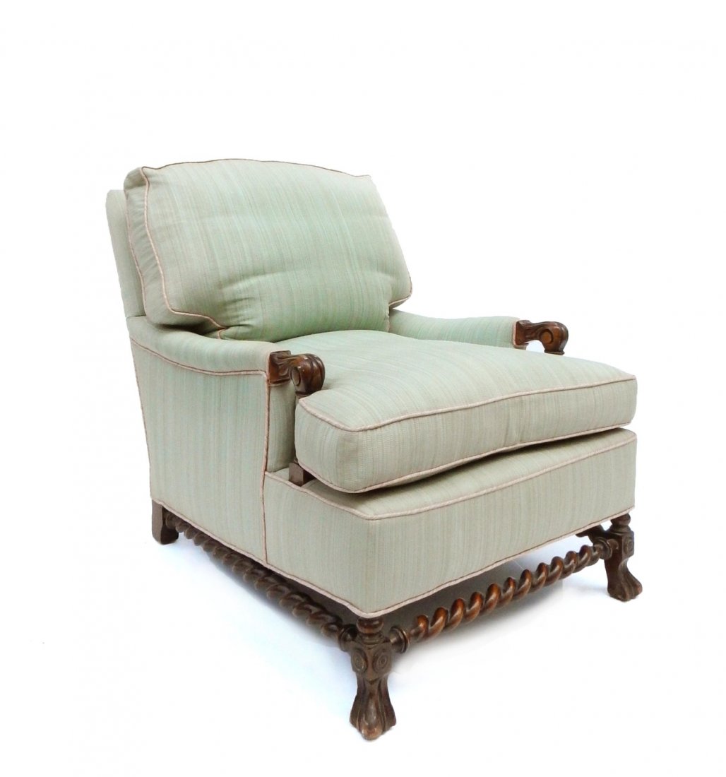 Tudor/Jacobean-Style Lolling Chair: Large Tudor/Jacobean-style lolling chair with rope twist stretchers. [27" W x 40" D x 30" H]. Good condition.