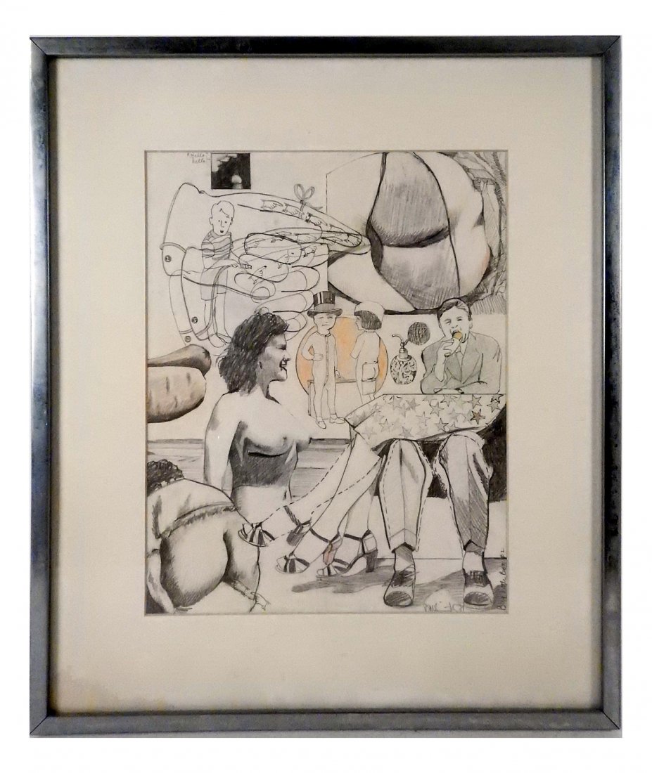 D.M. Smith, "Big Little Box #2": Colored pencil. Featuring numerous figures, including man eating sandwich and bare breasted woman. Signed and titles bottom right. [Art (sight): 14" x 11"; Frame: 20 3/4" x 17 3/4"]. Light smudging.