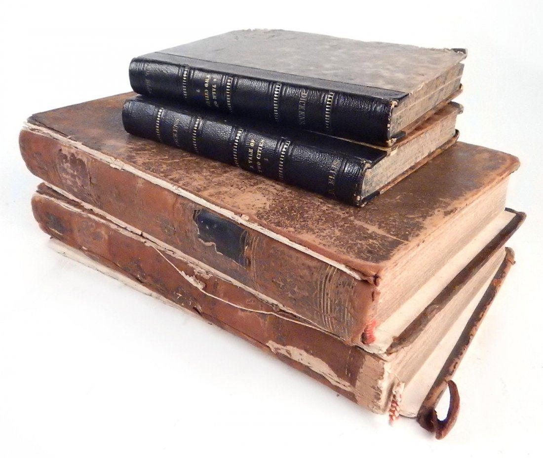 Lot of 4 Books - Hogarth, Dickens: Comprises: 1.) 2 of 3 volumes of "A Tale of Two Cities" by Charles Dickens, 1859. [6" x 4 1/2"]. 2.) 2 volumes of William Hogarth engravings by Thomas Clerk, 1810. [10" x 6"]. Sold "as is".