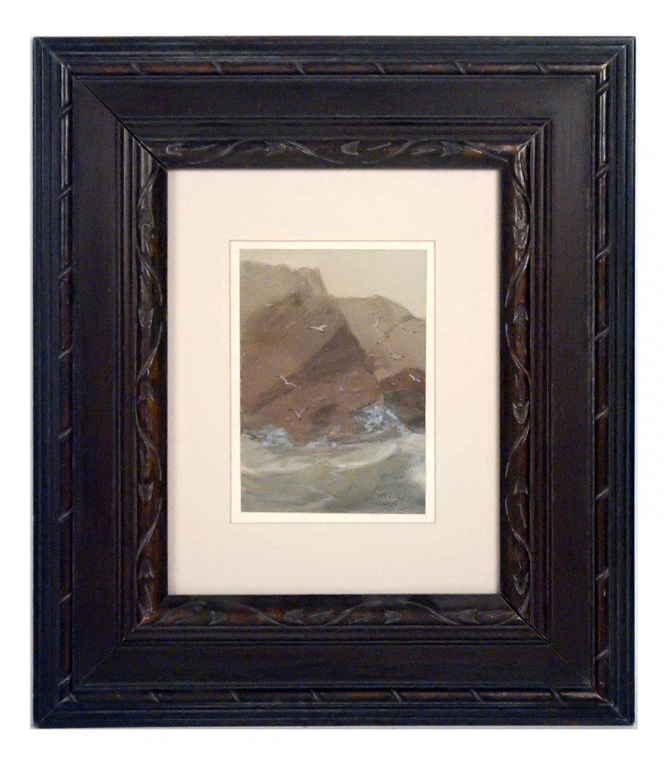 William Trost Richards, Coastal Hills: 1891 watercolor featuring circling waves crashing into coastal hills. Signed and dated bottom right. Framed under glass. [Sight: 6 3/4" H x 4 1/2" W; Frame: 17 1/2" H x 15 1/2" W]. Light toning.