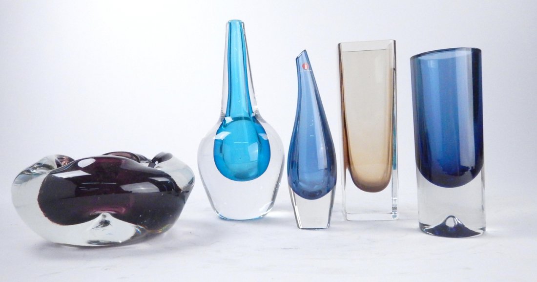 5 Modern Scandinavian Art Glass Objects: Comprises: 4 vases and one ashtray. [Ashtray: 6 1/4" Dia x 3" H; Largest vase: 9" H]. In overall good condition, with small chip on Finnish vase.