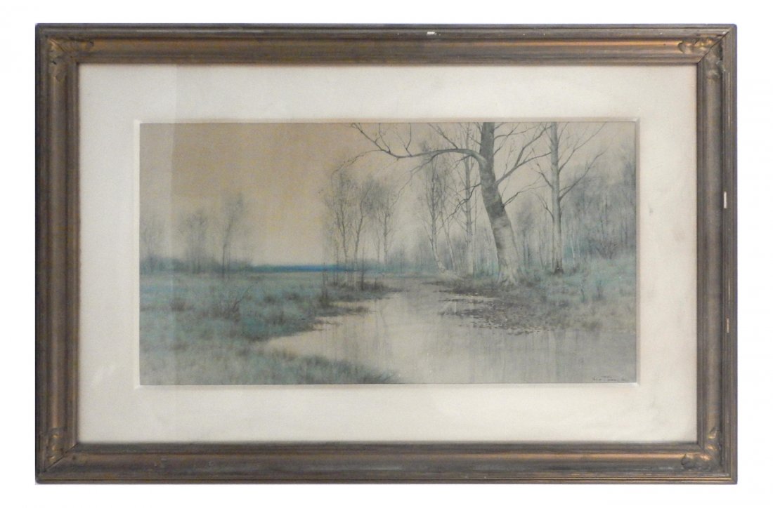 George Howell Gay, Marsh Scene: Framed painting under glass of tree and marshland. Signed lower right. [Painting: 13 1/2" x 25 1/2"; Frame: 23 3/4" x 35 3/4"]. Possible staining (examined intact under glass).