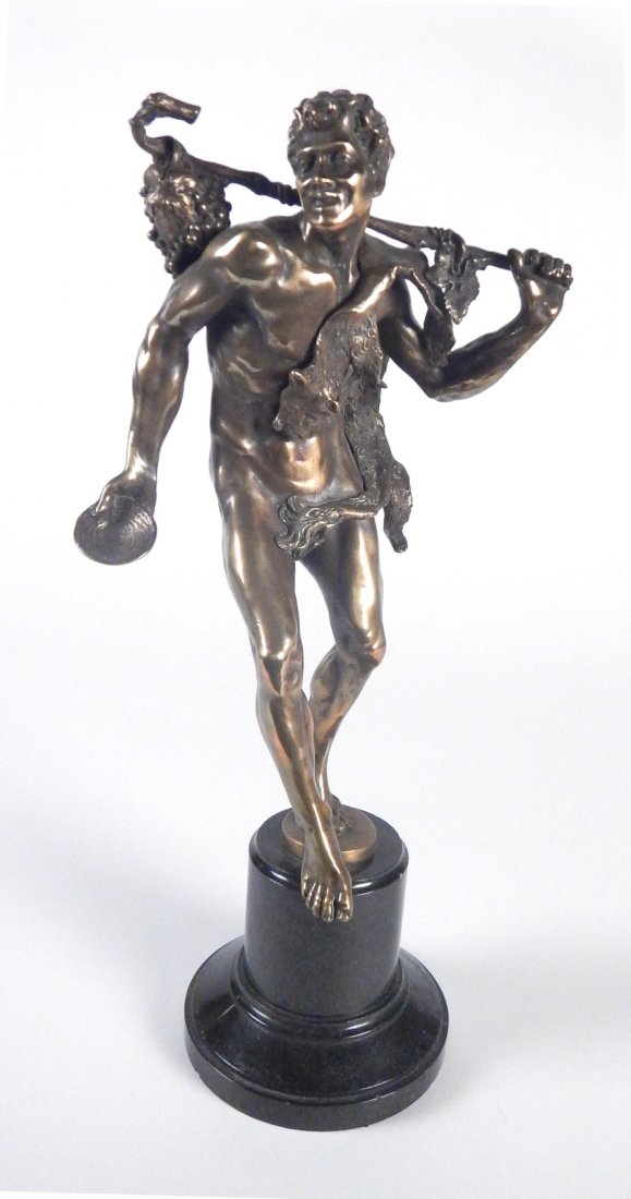 G. Roth, Satyr Bacchus, 19th C. Bronze: Standing full-length depiction of the God of Wine holding a shallow cup in one hand while the other balances a crooked pole with grape bunch. Figure is adorned in an animal hide, bears horns, and a sm