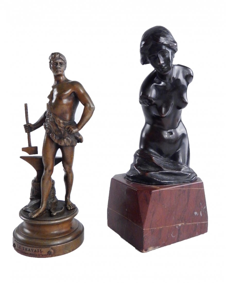 Two Vintage Continental Figural Bronzes: Comprises: 1.) German classical-style armless 3/4 length female nude. Signed near bottom "Dan. Stocker". Stamped with "Ernst Krass..." foundry mark. Mounted on rouge marble base. [Bronze: 6 1/4" H; Ov